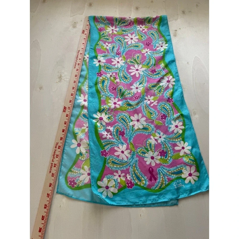 Lilly Pulitzer Ford VTG Silk Scarf Pink Blue Paisley Floral Breast Cancer Wrap